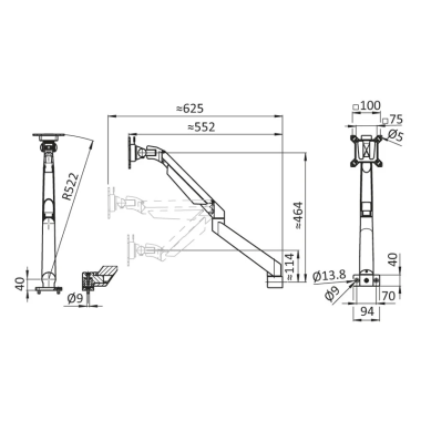 Cotes du Support Ecran - VESA 75/75 100/100 - Orientable 5 Axes