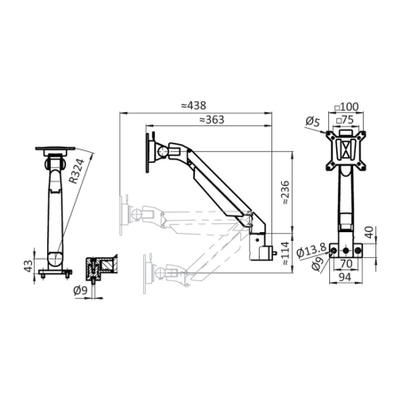 Cotes du Support Ecran - VESA 75/75 100/100 - Orientable 4 Axes