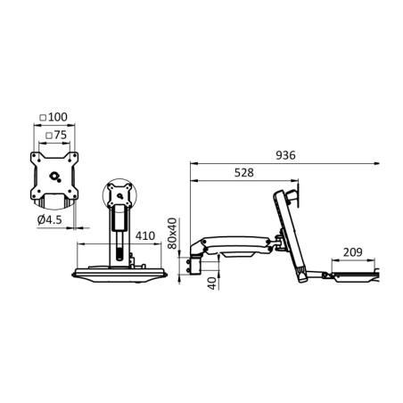 Cotes du Support écran clavier – Poste de travail – 4 axes
