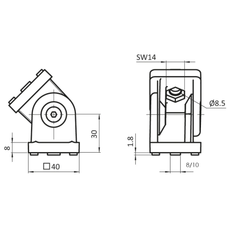 Cotes de l'Articulation profilé aluminium - 8 mm - 40x40mm - Application Flexible