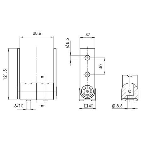Cotes de l'Articulation profilé aluminium - Bras d’appui - 80x40 mm
