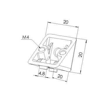 Schéma cotes - Equerre profilé aluminium – Rainure 5 mm – Section 20x20x20 mm - Elcom shop