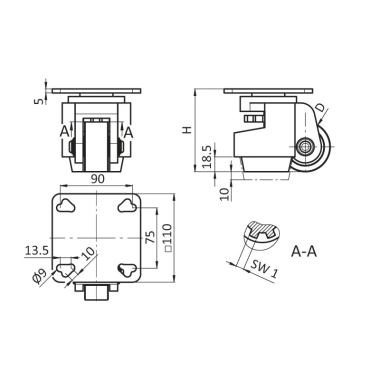 Cotes de la Roulette élévatrice profilé – D62 – 500 kg - 110x110 mm