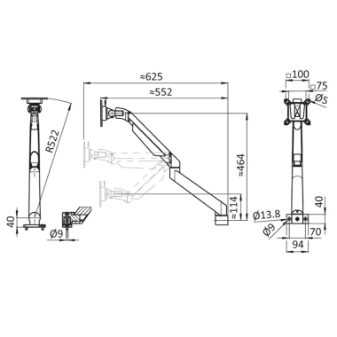 Cotes du Support Ecran - VESA 75/75 100/100 - Orientable 5 Axes - 20 kg