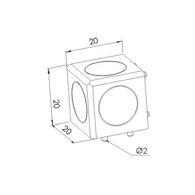 Schéma cotes Raccord d’angle cube profilé aluminium – Rainure 5 mm – 20x20x20 mm – 3D - Elcom shop