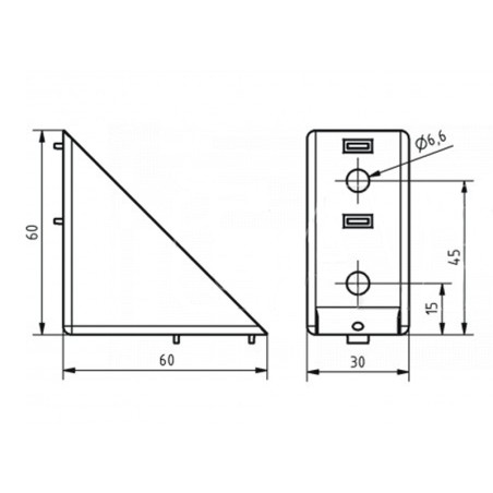 Plan de l'Equerre profilé - 6 mm - 60x60x30 mm - E - Al - Brut