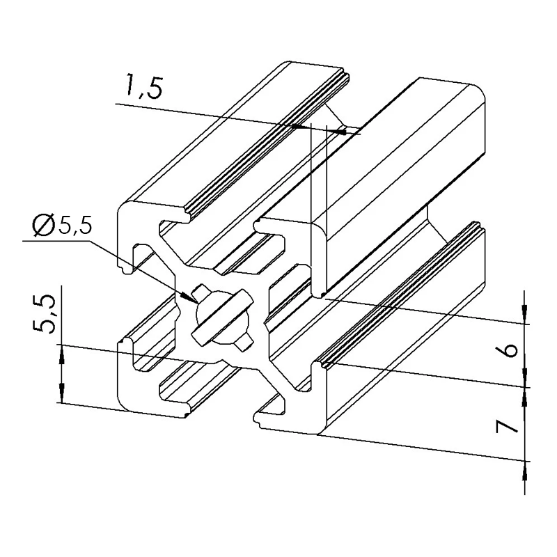 Profilé Aluminium 20x20 Mm Type B - 2 Rainures à 180°, Argent Anodisé, Longueur 1400 Mm - 10