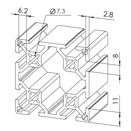 Profilé aluminium - Rainure 8 mm - Section 60x60 mm - Léger