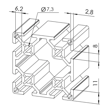 Profilé aluminium - Rainure 8 mm - Section 60x60 mm - Léger