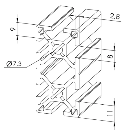 Profilé aluminium - Rainure 8 mm - Section 60x30 mm - Léger