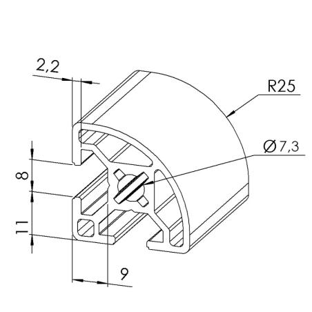 Profilé aluminium - Rainure 8 mm - Section R30-90°